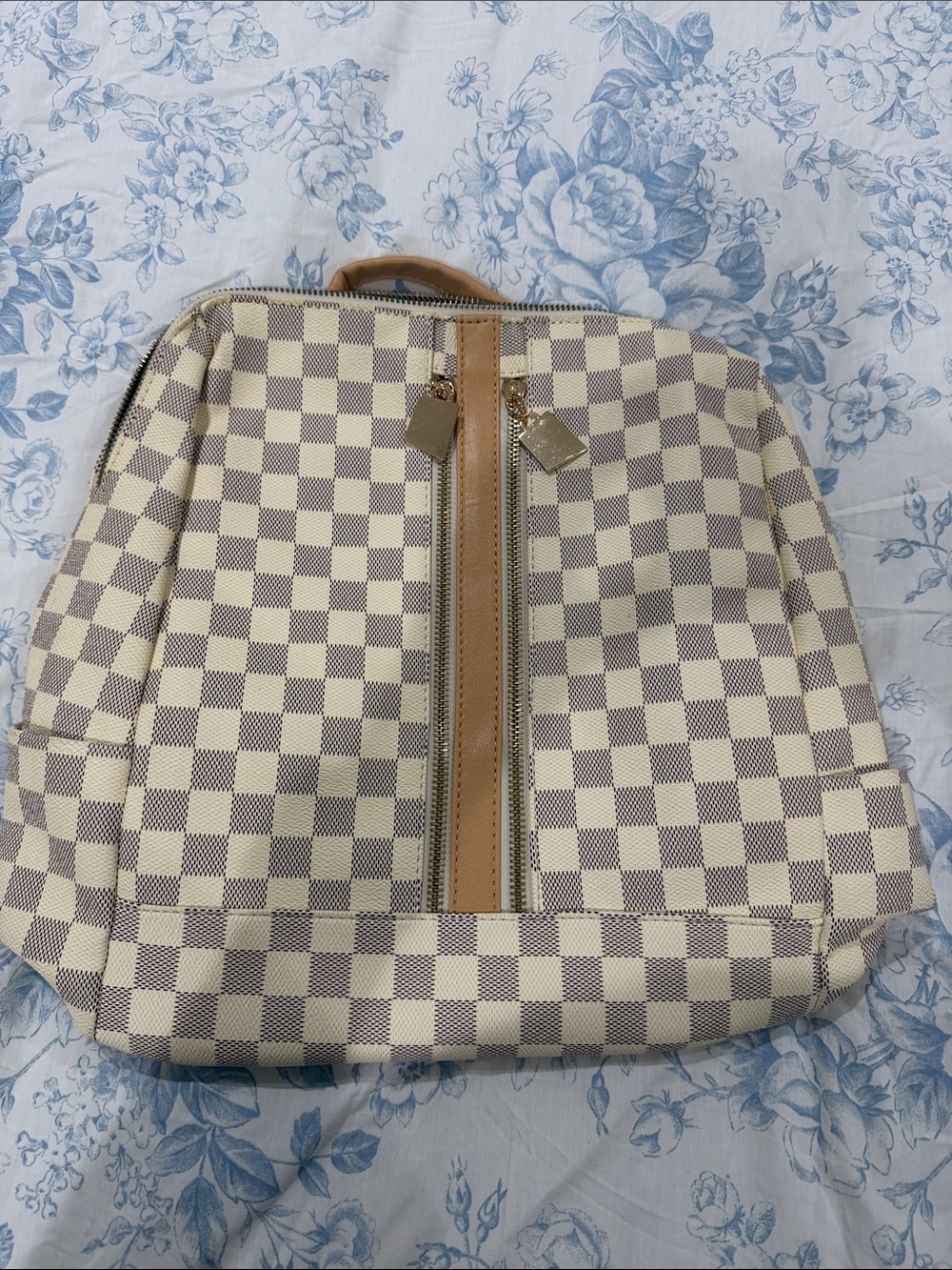 Cream and Brown Checkerboard Women’s Backpack Tote